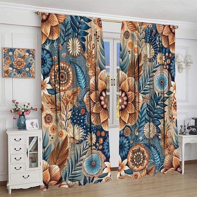 Bohemian-Style Floral Blackout Curtains, Suitable for Bedrooms and Living Rooms, Featuring A Vintage Botanical Pattern, Providing Insulation and Warmth, in Navy Blue and Brown42X63 Inch