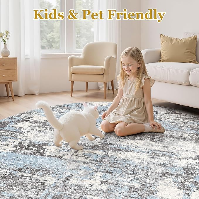 Area Rugs for Living Room: 10x10 Abstract Washable Rug Modern Neutral Large Soft Stain Resistant Non-Slip Backing Machine Table for Bedroom Dining Room Indoor Home Office Carpet - Blue Grey