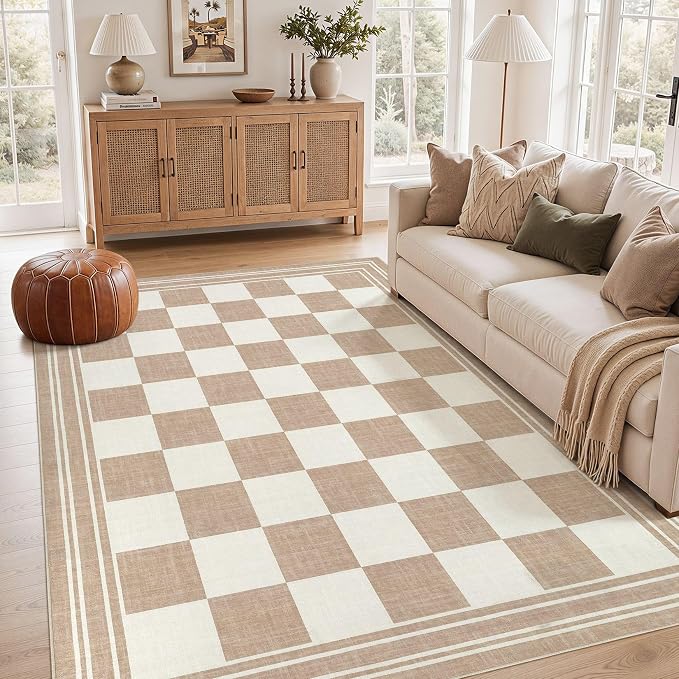 cotiled Washable Area Rugs 5x7 Living Room | Non Slip Backing, Stain Resistant, Pet Friendly, Large Neutral Soft Indoor Carpet For Bedroom, Nursery, Office, Khaki/Brown