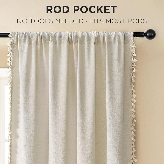 Joydeco Natural Linen Beige Boho Curtains - 84 Inch Length 2 Panels, Super Soft Bohemian Farmhouse Curtains with Tassels, Semi Sheer Light Filtering Drapes for Bedroom & Living Room