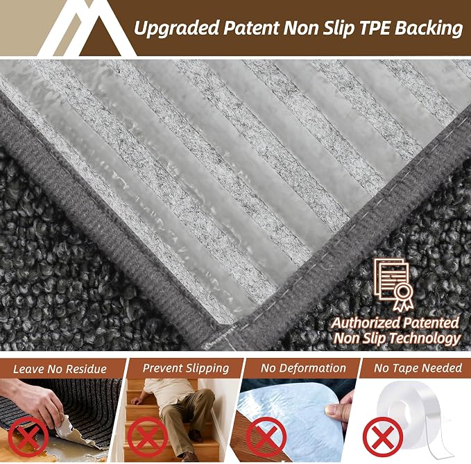 COSY HOMEER Edging Stair Treads Non-Slip Corner Indoor Stair Runners for Wooden Steps,Landing Slip Resistant Stair Rugs Mat for Kids and Dogs,100% Polyester TPE Backing,Black,30x30 inch