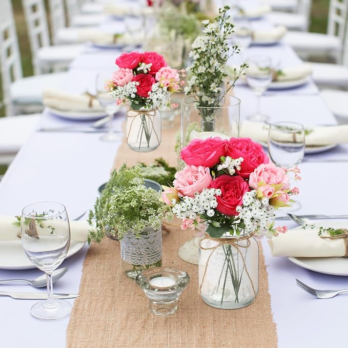 Zeyune 12 Sets Mason Jar Centerpiece Table Decorations, Artificial Peony Baby's Breath Flower Bouquets, Faux Flowers with Vase, Rustic Decor Gifts for Home, Wedding, Holiday (Pink Mix)