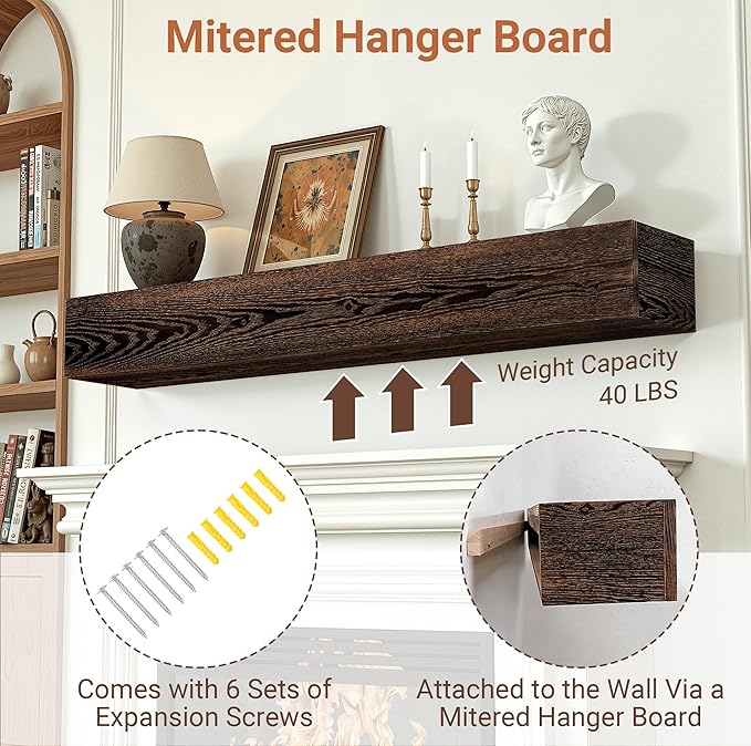 Heimlove Fireplace Mantel Shelf 48 Inch,Handmade Rustic Solid Wood Mantles for Over Fireplace,Wall Mounted Floating Fireplace Mantel Shelf for Living Room Decor,48"x 8"x 6"-Dark Carbonized