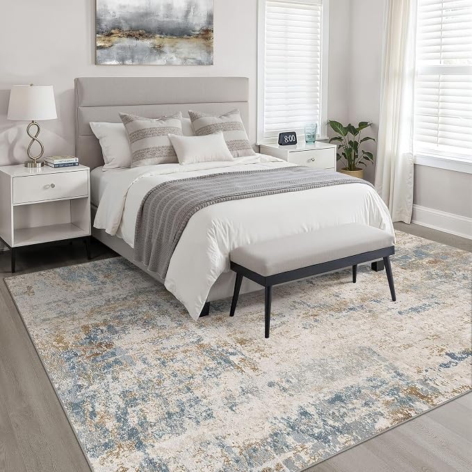 7x10 Area Rug Living Room: Washable Large Neutral Rug Abstract Soft Modern Stain Resistant Indoor Floor Non-Slip Carpet for Bedroom Nursery Kids Office Playroom Dining Room Under Table- Blue Brown
