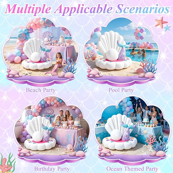 4.6FT Inflatable Seashell with Mermaid Tail for Summer Outdoor Decor, Blow Up Seashell Built-in 3 LED Lights for Mermaid Birthday & Pool Beach Ocean Party Decorations, Yard Garden Indoor Photo Props