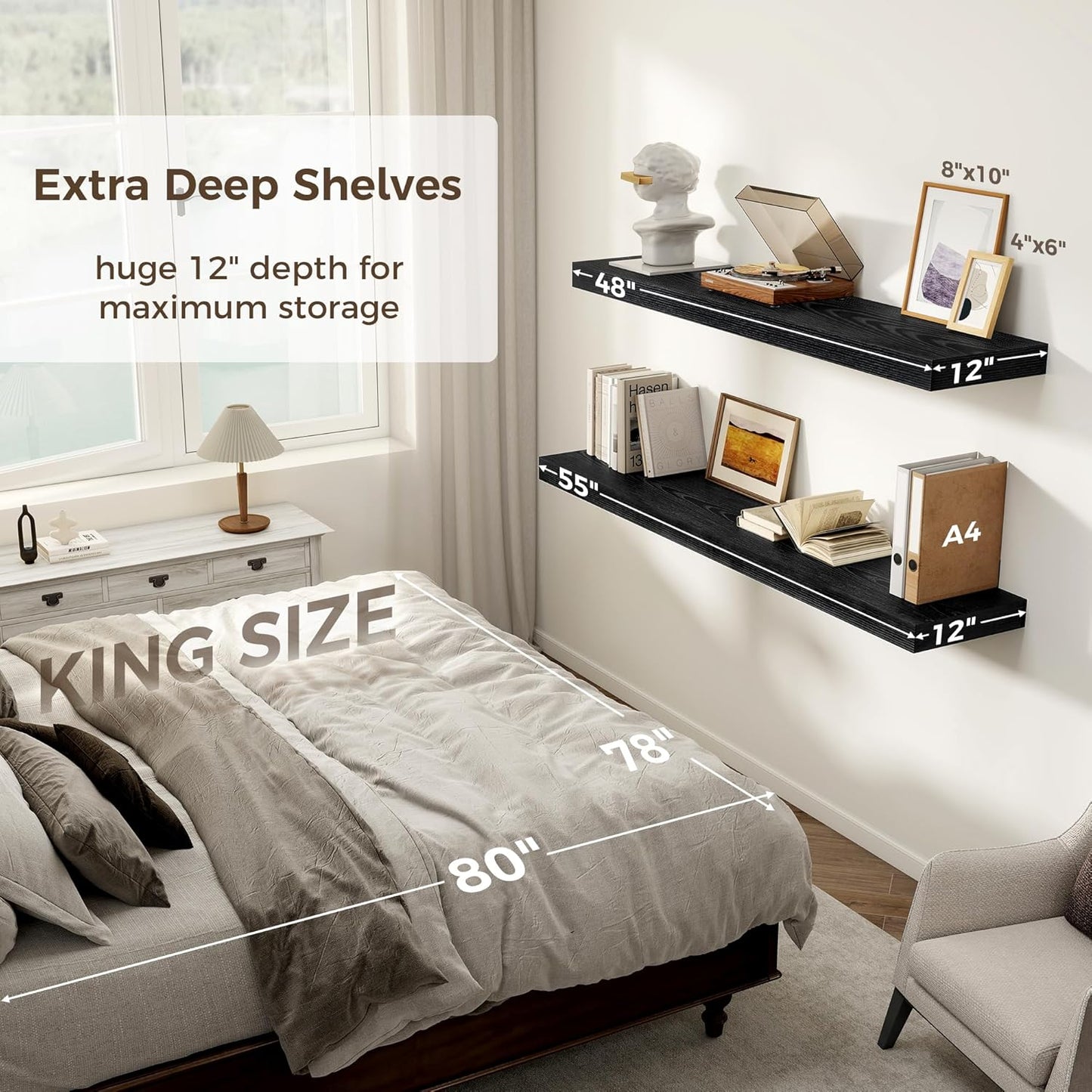 Black Floating Shelves 48 Inch Long, 12 Inch Deep Floating Shelves for Wall, 48 x 12 Large Wall Shelves for Home Storage & Display, 2" Thicked Floating Shelf for Bedroom, Living Room, 1 Pack