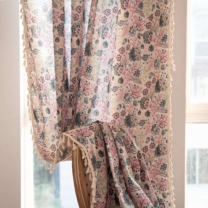OYX Boho Crochet Curtains 63 Inch Length 2 Panels for Living Room, Bedroom Light Filtering Drapes, Farmhouse Vintage Country French Rustic Tassels Pattern Rod Pocket Aesthetic Decor Window Treatments