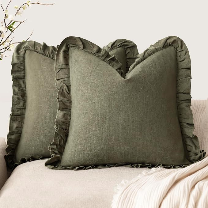 Foindtower Set of 2 Decorative Soild Fringe Ruffle Throw Pillow Covers Soft Boho Farmhouse Cushion Cover Cozy Accent Retro Pillowcase for Couch Sofa Bed Living Room Home Decor,22×22 Inch,Olive Green