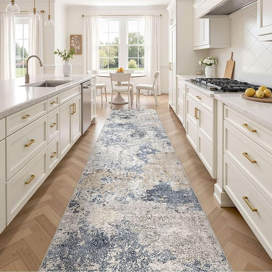 Hallway Washable Runner Rug: 3x10 Abstract Modern Soft Stain Resistant Non-Slip Backing Runner for for Entryway Kitchen Laundry - Blue Brown