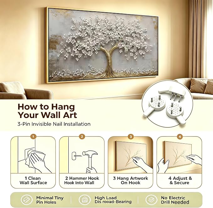 Framed 3D Texture Large Tree of Life Canvas Wall Art Gold and White Flower Big Tree Painting Picture Wall Decor Botanical Floral Poster Print Artwork for Living Room Dining Bedroom