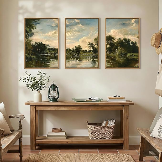Vintage Landscape Framed Canvas Wall Art Set,Rustic Natural Green Trees and Lake Wall Decor,Classic Nature Scenic French Country Forest Artwork for Living Room,Bedroom,Farmhouse-16 x24 x3