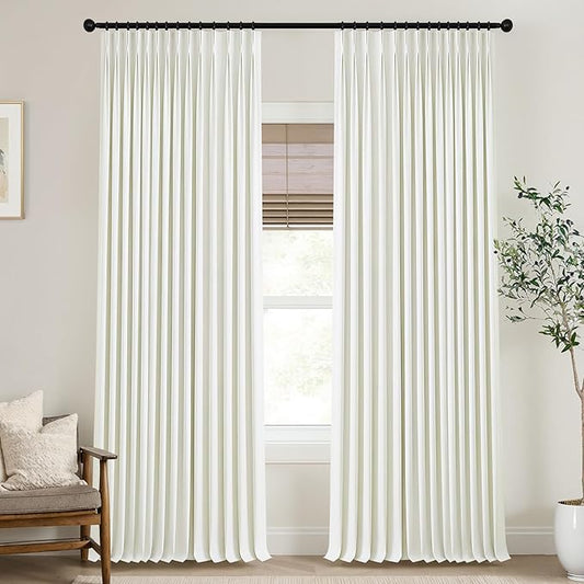 Ivory Pinch Pleated Linen Blackout Curtains 96 Inch Long, Warm Off White 8FT Floor Length Drapes with Hooks for High Ceiling, Noise Reducing Black Out Pleat Drapery for Bedroom Living Room 2 Panel Set