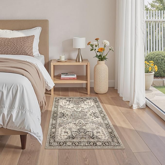 3x5 Washable Entryway Rug: Non-Slip Soft Vintage Floral Indoor Area Rug for Living Room Large Kitchen Entryway Bedroom Bedside, Door Mat Throw Carpet for Laundry Foyer Home Decor (Brown)