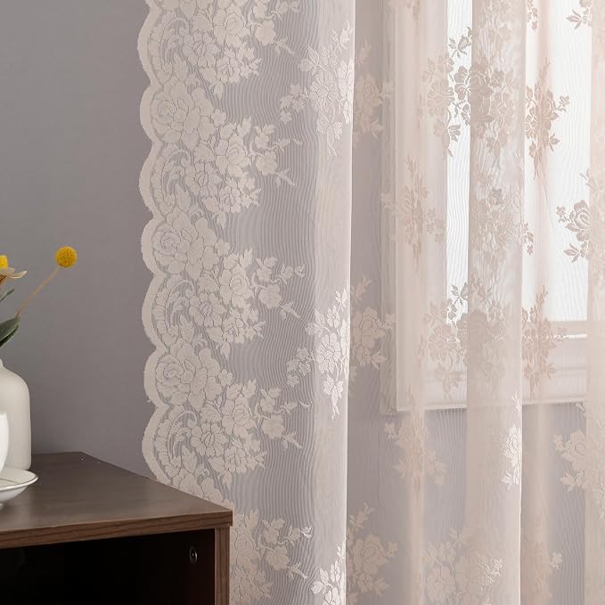 Kotile Blush Pink Sheer Curtains 54 Inch Length, 2 Panels, W42 x L54 Inch Each, Country Rustic Floral Coquette Lace Curtains for Girls Bedroom, Rod Pocket Privacy Light Filtering Lacy Window Curtain