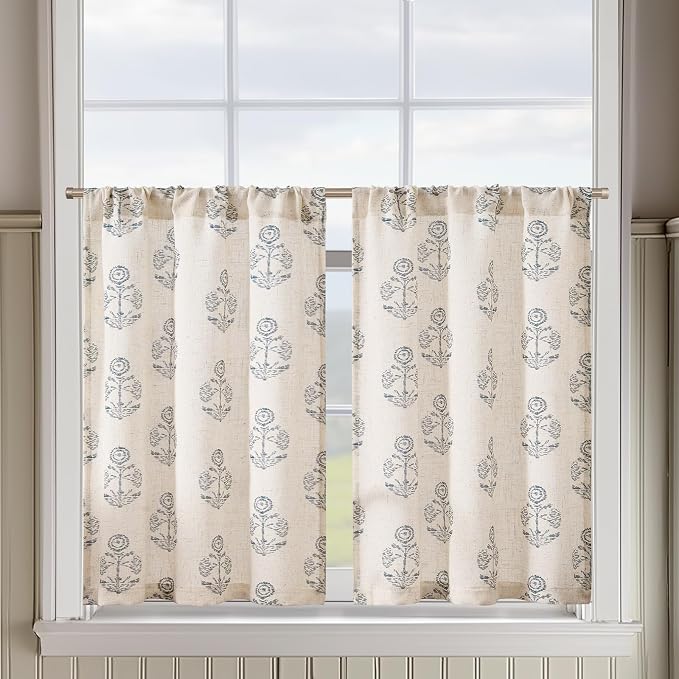 jinchan Linen Kitchen Curtains 24 Inch Floral Tier Curtains Farmhouse Cottage Core Flax Cafe Rod Pocket Country Small Window Drapes for Laundry Room Bathroom RV 2 Panels Blue on Beige
