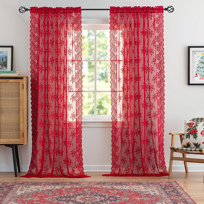Kotile Red Sheer Curtains 84 Inches Long, W52 x L84 Inch, 2 Panels, Country Rustic Floral Vintage Red Lace Curtains for Living Room, Rod Pocket Privacy Light Filtering Cottagecore Window Sheer Curtain