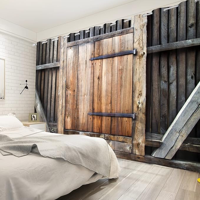 Rustic Farm Kitchen Curtains Farmhouse Old Wooden Door Vintage Barn Door Blackout Window Drapes for Living Room Bedroom Rural Room Darkening Window Treatment,53x63 inch,2 Panels