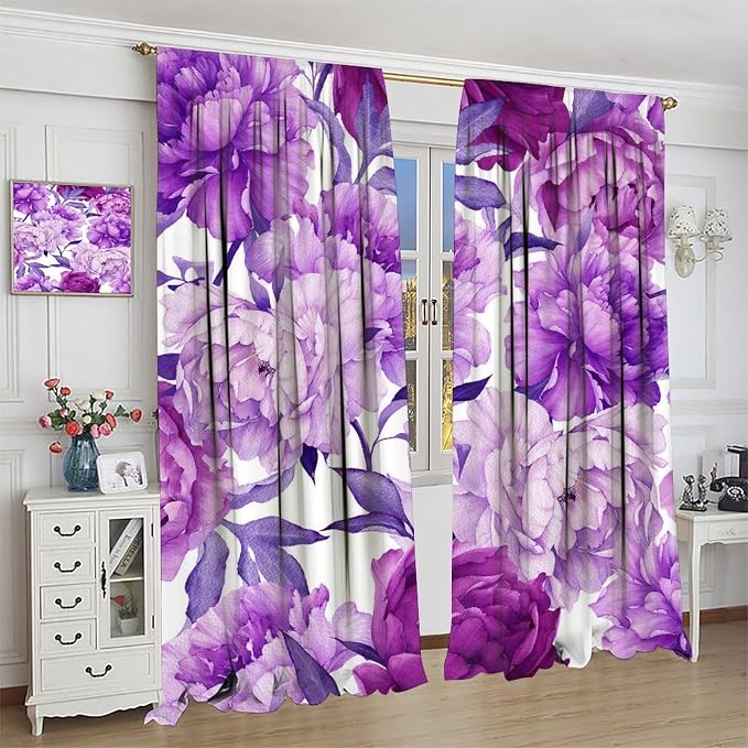 Floral Blackout Window Curtain Purple Blooming Flowers Style Print for Home Kitchen Restaurant Decoration Window Drapes 2Panel 84" W X 84" L