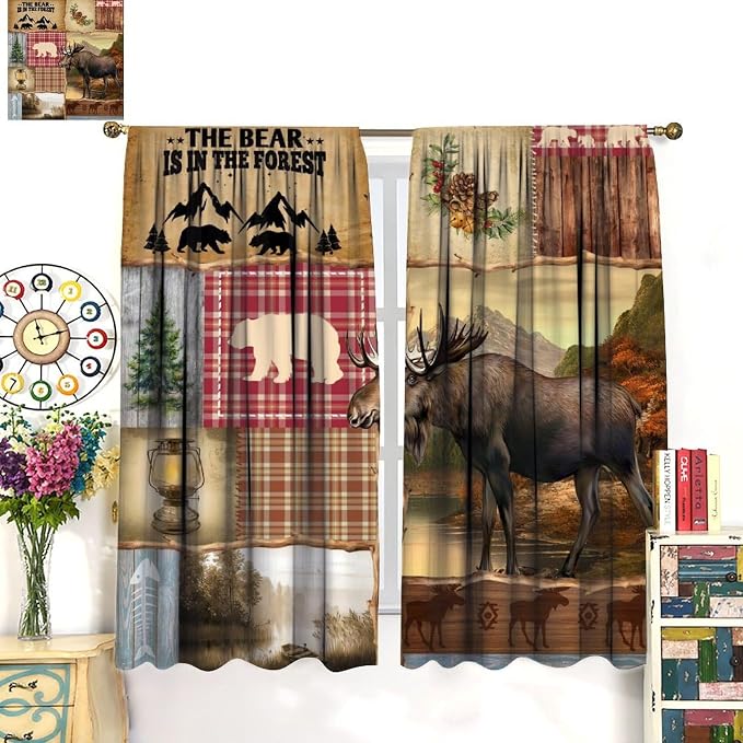 Vintage Hunting Deer Curtains Farmhouse Rural Natural Patchwork Forest Hunting Cabin Plaid Pine Cone Elk Animal Windows Treatments Rod Pocket for Kitchen Living Room Bedroom 42x45in（No Blackout）