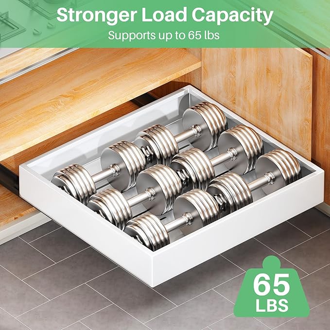 Pull Out Cabinet Organizer with Nano Adhesive, Heavy Duty Full-Extension Slide-Out Drawer for Kitchen Cabinet Organizers and Storage, No Drill Roll out Pantry Shelf, 11.8"W x 16.9"D x 3.1"H , White