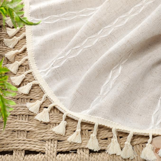 Ivory Boho Blackout Curtains 2 Panels 90 Inch for Living Room Bedroom, Beige Linen Texture Farmhouse Curtains with Tassels and Cotton Embroidery Vintage Rustic Western Rod Pocket