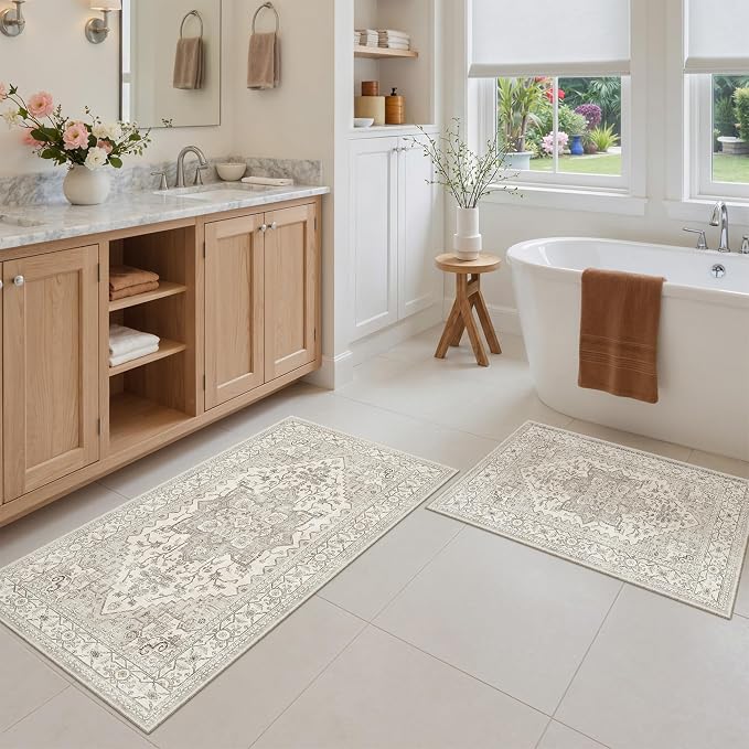 Madane 2-Piece Area Rugs Set, Small Kitchen Runner Non-Slip, Beige/Brown | Rug Runners Vintage Door Mat Indoor Entrance, Low Pile Floor Carpet for Inside Front Bedroom Entryway Entry Laundry 2x3+2x4