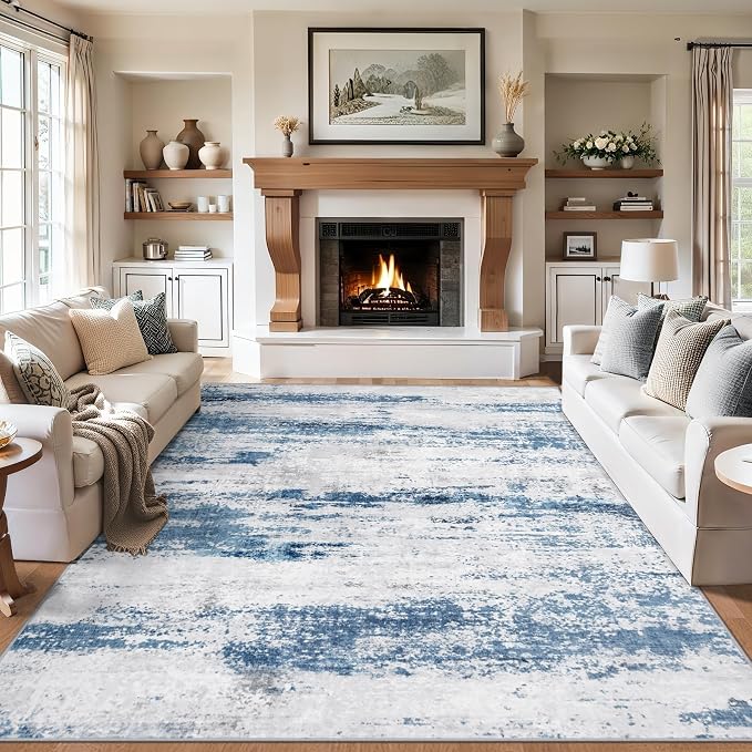 Area Rugs 10x12 Living Room - Washable Rug Modern Abstract Soft Large Neutral Non-Slip Carpet Indoor Floor Thin Carpets for Bedroom Dining Room Farmhouse Nursery Home Office White Blue Grey