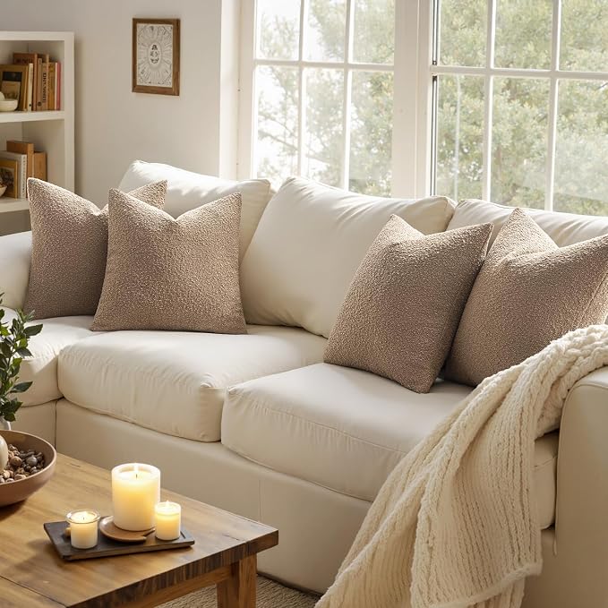 MIULEE Pack of 4 Decorative Textured Boucle Throw Pillow Covers | 20x20 Inch Camel Accent Solid Pillow Cases Soft Couch Cushion Covers for Modern Farmhouse Boho Sofa Bed Livingroom Home Decor