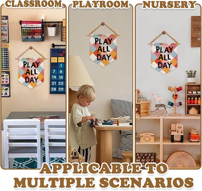 SJDFCSA Playroom Wall Art Decor, Kids Room Decor, Play All Day Colorful Checkered Boho Nursery Wall Hanging Display Pennant Flag for Kids Boys Girls Nursery Toddler Room Bedroom Playroom