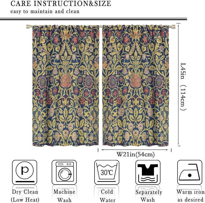 Retro Bohemian William Morris Plant Floral Blackout Window Curtains, Abstract Vintage Country Floral Leaf Pattern Print Window Drapes, for Bedroom Living Room 21(W)*45(L) 2 Panels