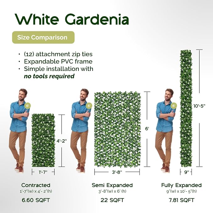 NatraHedge Artificial Privacy Grass Wall Decor, White Gardenia, Faux | Trellis, Expandable Lattice Panels for Indoor, Outdoor, Garden and Balcony Greenery Wall Fence Screen | UV Resistant