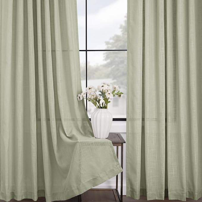 Linen Blend Sage Green Curtains 63 inch Length 2 Panels for Bedroom Back Tab Light Filtering Semi Sheer Drapes Linen Cotton Textured Light Green Airy Modern Farmhouse Living Room Sage Aesthetic Decor