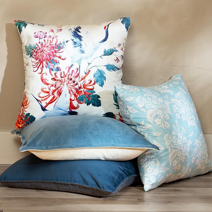 Decorative Throw Pillow Set of 4, 18" x 18" Colorful Blue Floral Accent Pillow Covers, Velvet Crane