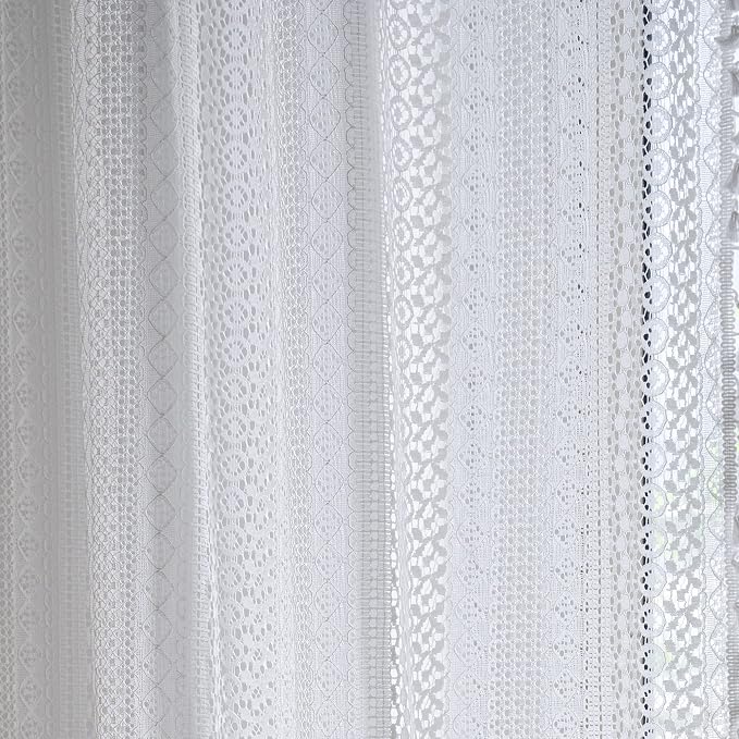 Sutuo Home White Crochet Boho Curtains 63 Inches Length, Sheer Lace Handmade Tassels Knitted Window Treatment Vintage Rustic Bohemian Farmhouse Drape for Bedroom Rod Pocket 1 Panel 59" W x 63" L