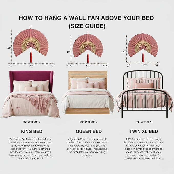 SUCHUBU Pink Bamboo Wall Fan, 47" Soft Aesthetic Wall Decor, Large Japanese Hanging Fan, Asian Wall Art for Nursery, Delicate Boho Bedroom Decor, Handwoven Bamboo Fiber (Pink White, Large)