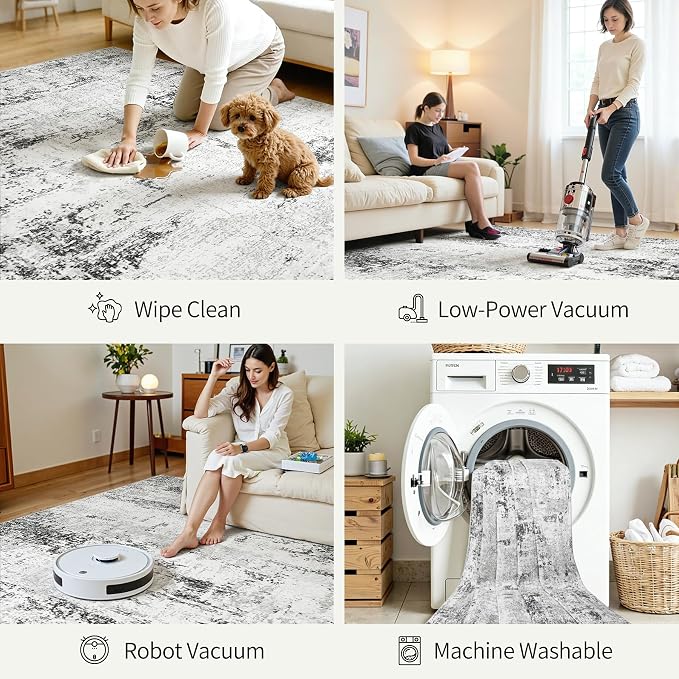 Area Rugs 9x12 Living Room: Large Modern Abstract Washable Rug Soft Indoor Anti Slip Carpet for Under Dining Table Bedroom Nursery Home Office White Grey Black