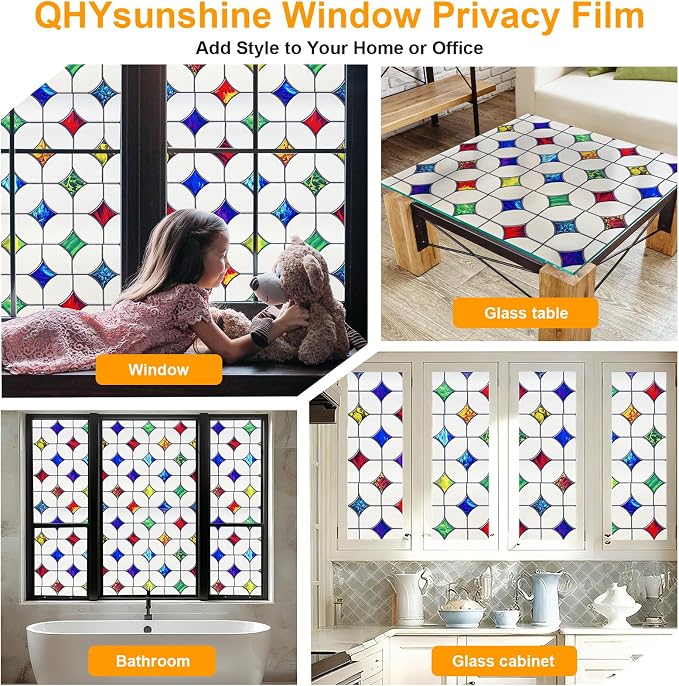 Stained Glass Window Film - Non-Adhesive Colorful Privacy Film | Privacy Protection, Reusable & Renter Friendly | Perfect for Bedroom/Bathroom Room Decor (Frosted Mosaic, 23.6 x 78.7 in)