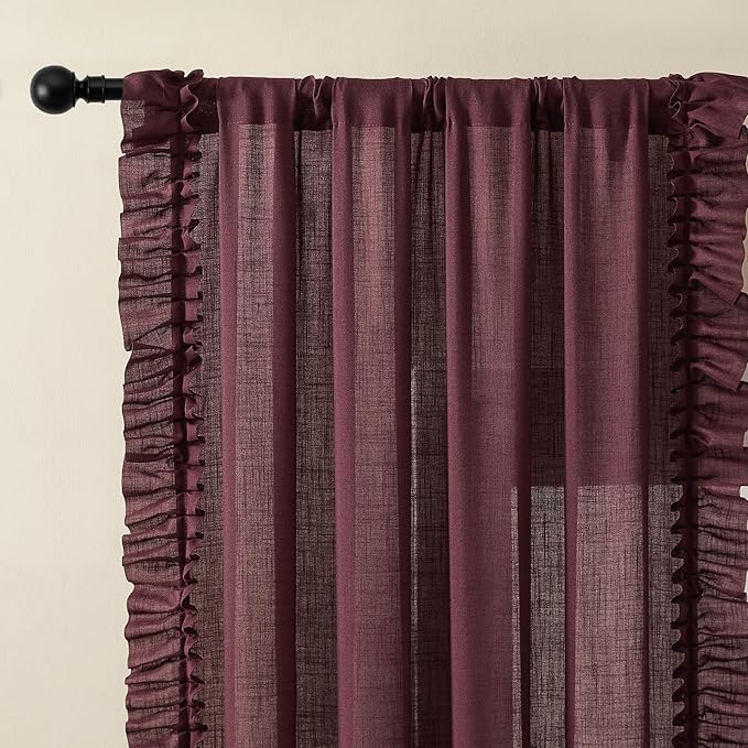 Burgundy Ruffle Curtains 63 Inch Length, 2 Panels, W47 x L63 Inch, Linen Textured Scalloped Farmhouse Curtains for Bedroom, Rod Pocket Privacy Light Filtering Semi-Sheer Linen Christmas Flowy Curtain