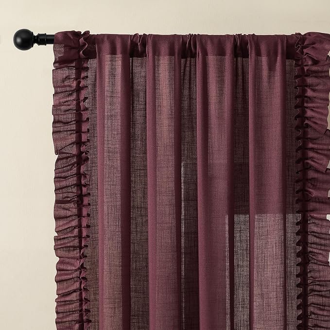 Burgundy Linen Curtains for Bedroom, 2 Panels W47 x L72 Inch Light Filtering Semi-Sheer Ruffled Curtains Rod Pocket Vintage French Country Shabby Chic Farmhouse Privacy Window Linen Drapes Ruched Edge