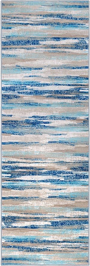 Lansny Modern Abstract Runner Rug 2x12, Blue Washable Long Kitchen Runner Non-Slip Soft Hallway Rug Runner Thin Print Faux Wool Carpet for Entryway Bedroom Laundry Room Indoor Home Decor