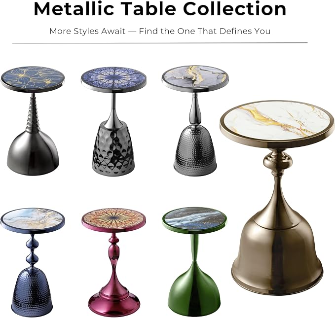 Homes: Inside + Out Halric Modern 24" Tall Round End Table with Decorated Tabletop and Iron Metal Base, Accent Furniture, Elegant Pedestal Stand for Living Room, Home Office, Chrome Green