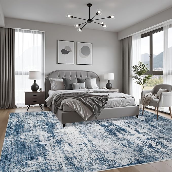 5x5 Area Rug Living Room Rug: Washable Modern Abstract Soft Thin Rug Indoor Floor No Slip Stain Resistant Carpet for Bedroom Dining Room Farmhouse Nursery Home Office - Blue
