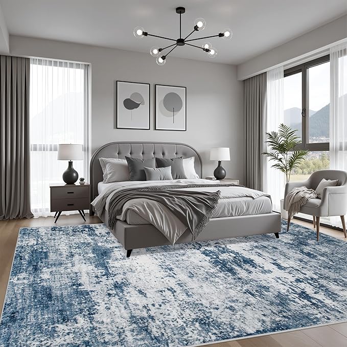 4x4 Area Rug Living Room Rug: Washable Modern Abstract Soft Thin Rug Indoor Floor No Slip Stain Resistant Carpet for Bedroom Dining Room Farmhouse Nursery Home Office - Blue