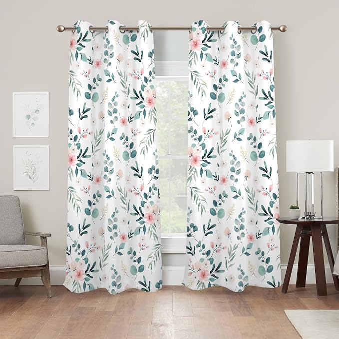 Renaiss Leaf Curtains Green Leaves Print Blackout Window Curtains for Bedroom Botanical Plants Grommet Top Room Darkening Window Drapes for Living Room 53W x 96L Inch Two Panel Set