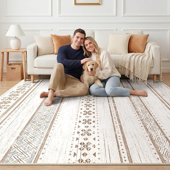BESTSWEETIE 8x10 Area Rugs for Living Room Washable Moroccan Farmhouse Neutral Geometric Low Pile Non-Slip Soft Print Pattern Rug for Bedroom Kitchen Dining Room Entryway Cream/Brown/Pink