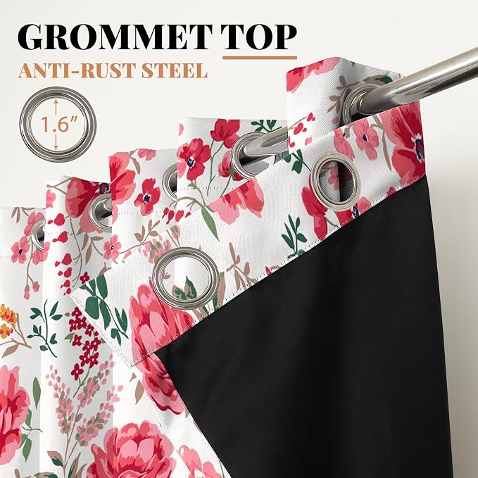 Renaiss Pink Rose Floral Curtains Red Peony Flowers Blackout Window Curtains for Bedroom Thermal Insulated Living Room Window Drapes 29W x 45L Inches 2 Panel Set, Grommet Top
