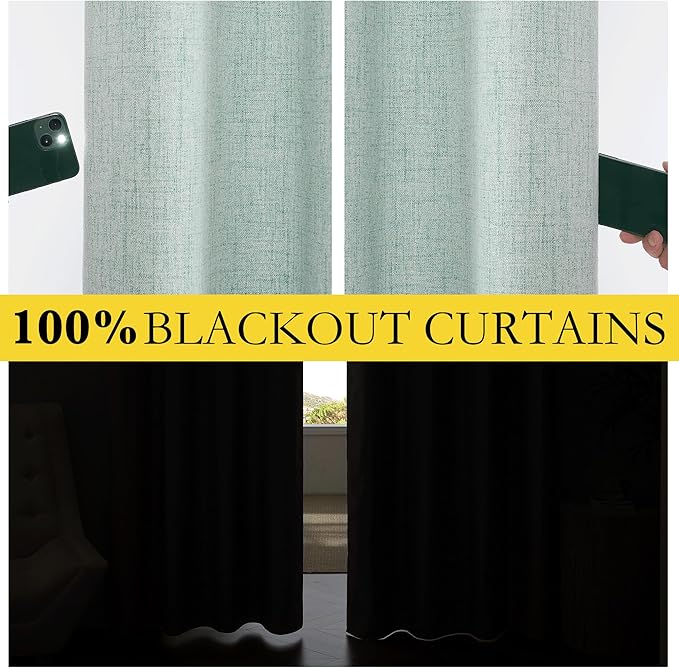 NICETOWN 100% Absolutely Blackout Linen Curtains with Thermal Insulated Liner, Seafoam Green, 62" Wide, 108" Length Energy Saving Curtains for Living Room 2 Panels Set, Vertical Blinds