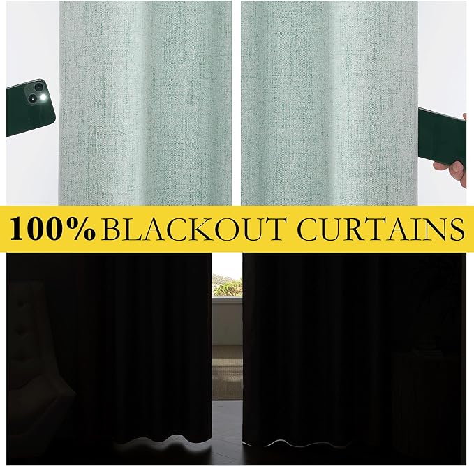 NICETOWN Full Blackout Linen Curtains 108" Length with Thermal Insulated Liners for Living Room, Farmhouse Style Keep Cool & Warm Large Window Drapes for Hall (Seafoam Green, 2 Panels, 52" Wide)