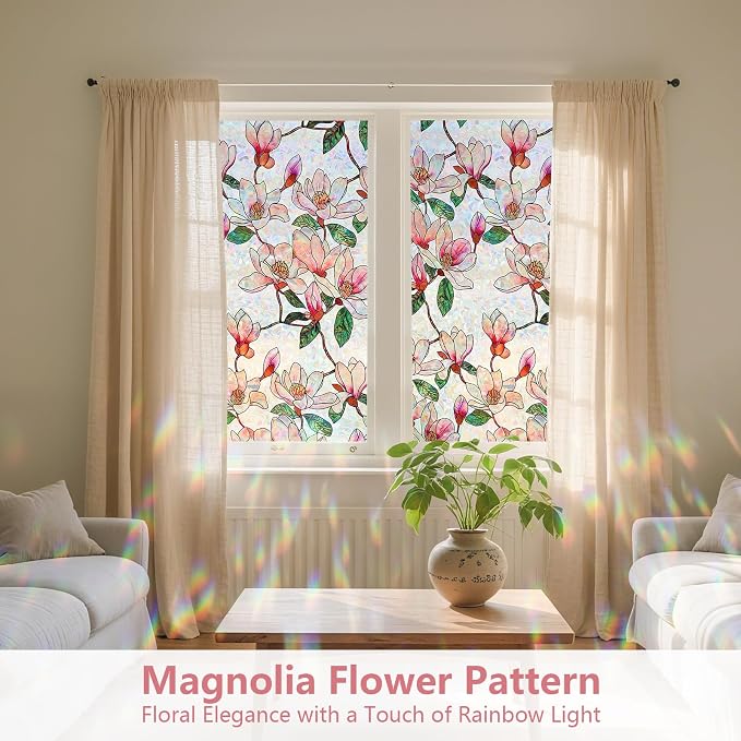 Kromapolis Window Privacy Film, Stained Glass Sticker Floral Window Clings, Decorative Static Clings UV Blocking Colorful Decals, Removable Vinyl Covering Rainbow Magnolia Flowers, 45.2'' x 157.4''