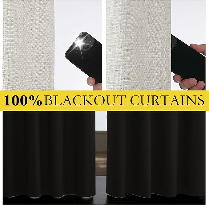 NICETOWN Snowbound Vintage Linen 100% Blackout Curtains for Living Room, Thermal Insulated Curtains 102" Long, Noise Reducing Window Treatment Drapes for Hall Room, 52" Wide Per Panel, Set of 2